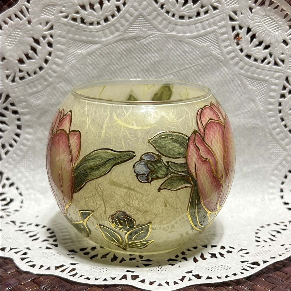 Floral Glass Vase bowl with Pink and Green Design trimmed in gold.